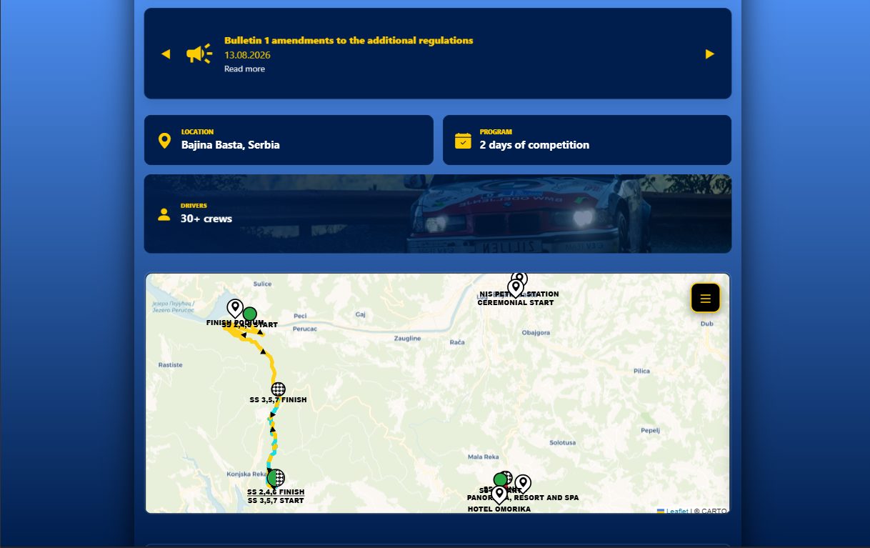 Sekcija sa trasom Rally Tara 2026: obaveštenje iz biltena i kartice sa podacima o događaju (lokacija, dvodnevni program, 30+ posada) iznad interaktivne Leaflet mape, koja prikazuje žutu trasu brzinskih ispita između Perućca i Konjske Reke sa oznakama starta, cilja i ključnih lokacija.